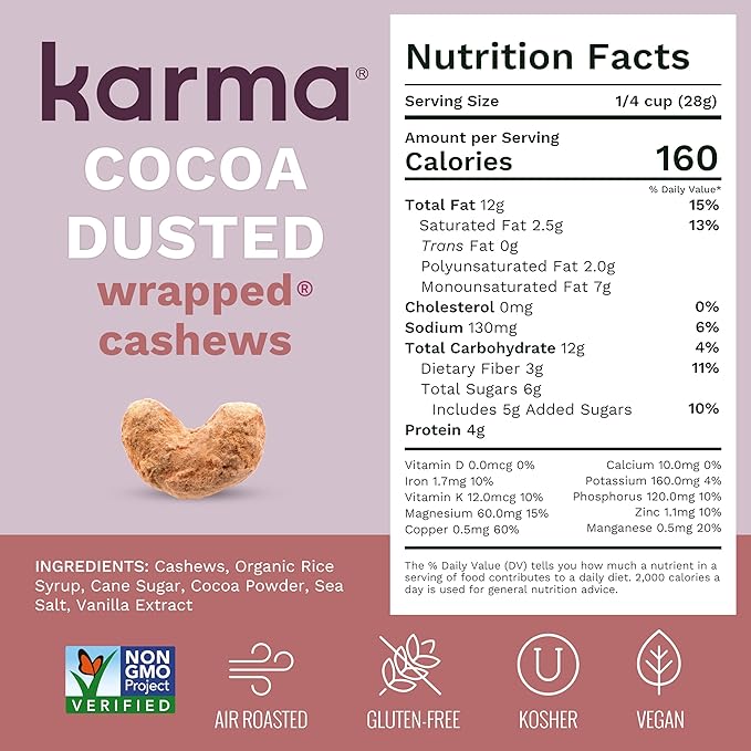 Cocoa Dusted Wrapped Whole Cashews by Karma Nuts Lightly Sweetened Air Roasted with Natural Skins 2X more Fiber Peanut-Free Facility Kosher Everyday Nut Snack 7oz Resealable Bag - 6 pack