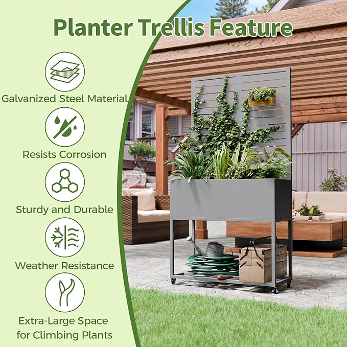 Metal Planter Box with Trellis67 H x35 W Raised Garden Beds with Privacy Screen for Climbing Plants Flower Elevated Standing Planter Garden Bed with Drainage Holes for Outdoor PatioGrey