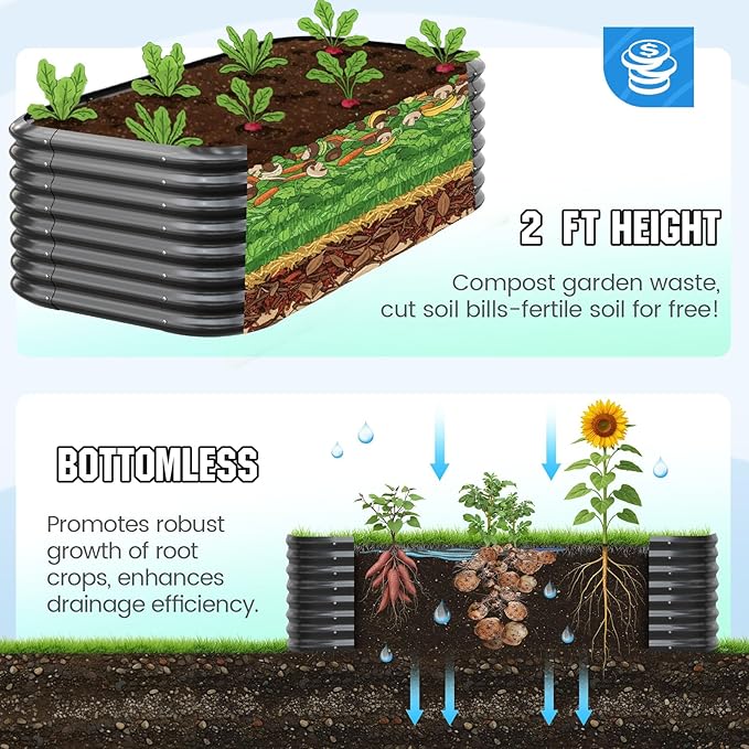 Quictent Galvanized Raised Garden Bed Kit 6x3x2 ft Oval Metal Planter Box Tall for Vegetables Outdoor Backyard Strengthened by Crossbar Dark Gray