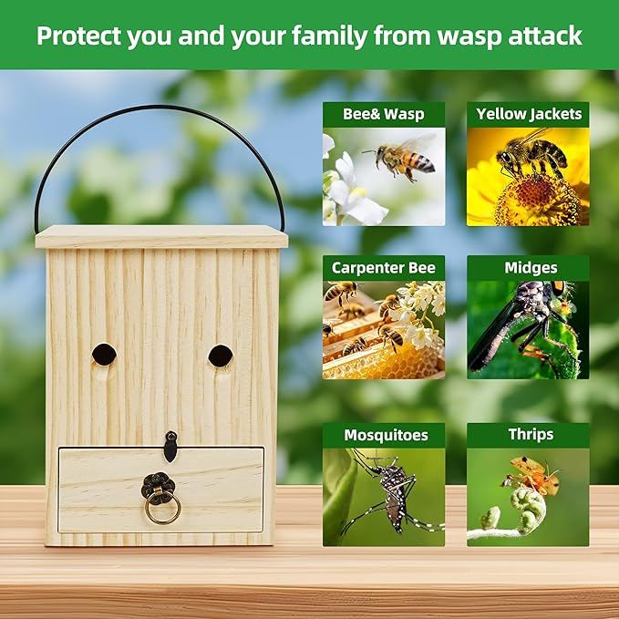 Carpenter Bee Traps for Outside 2PACK– Durable Weather-Resistant Eco-Friendly Wooden Wasp Trap for Outdoor Use
