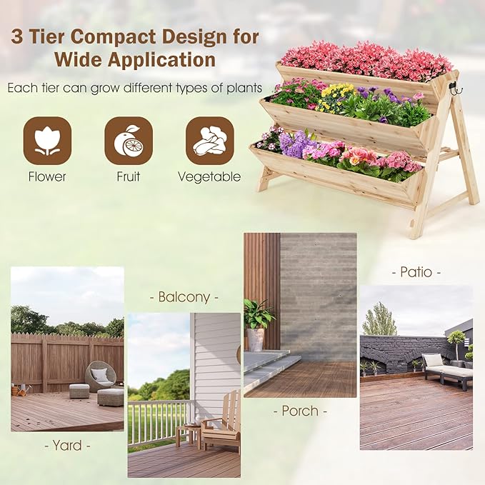 Giantex Raised Garden Bed Vertical Planter with Storage Shelf 3 Tier Elevated Planter Box with Side Hooks Indoor Outdoor Wood Garden Bed for Balcony Garden Lawn (Natural)