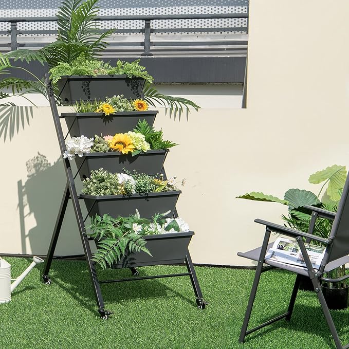 HAPPYGRILL Vertical Raised Garden Bed 5-Layer Freestanding Garden Planter with Drainage Holes Container Boxes Elevated Planter Box for Herb Vegetable Flower Growing Dark Grey