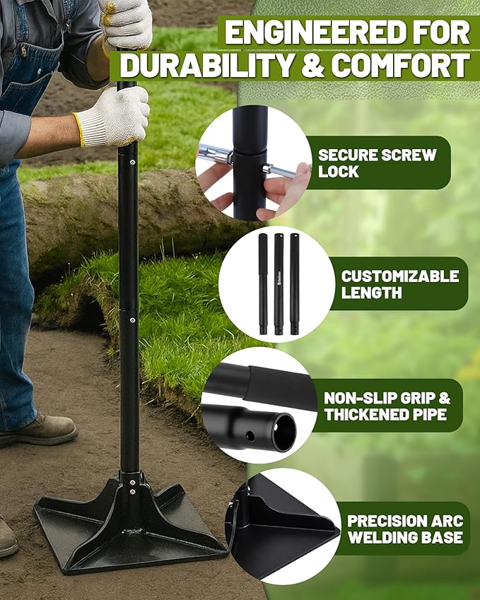 Steel Tamper Tool 8''x8'' Heavy Duty Hand Tamper for Soil Compaction 48 Adjustable Handle with Non-Slip Grip Ground Dirt Tamper for Landscaping Patio Asphalt Repair with Gloves