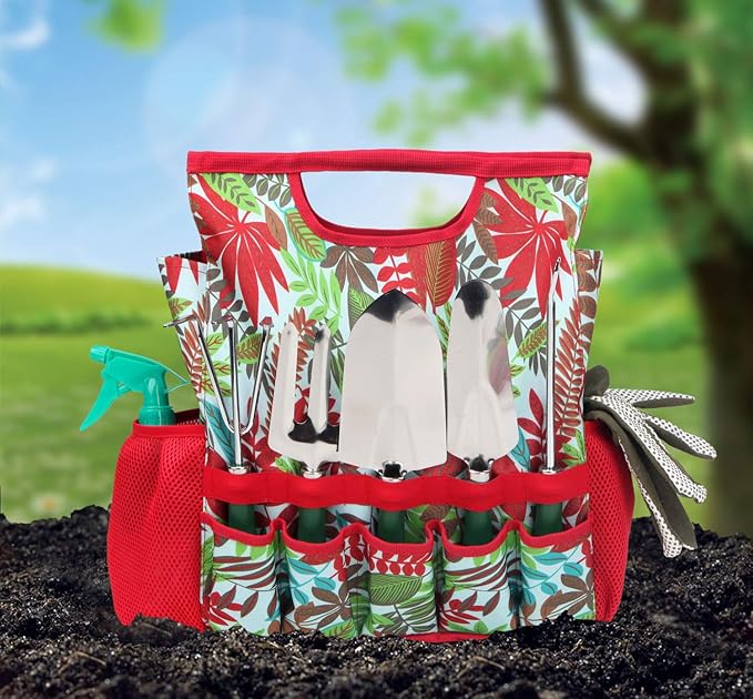 9-piece Garden Tools Set with Gloves and Floral Tote Bag - Gardening Hand Tools Kit with Storage Bag Gifts for Women