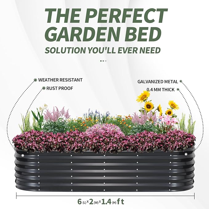 1MORE Galvanized Raised Garden Bed- Planter Garden Boxes Outdoor Raised Beds for Gardening 6x2x1.4ft Metal Garden Bed Kit for Vegetables Flower Planter Raised Bed with Protective Tape.Grey-2pcs