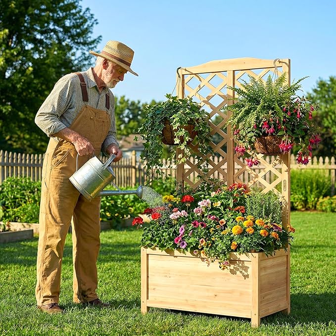 SUNYRISY Raised Garden Bed with Trellis for Climbing Plant Outdoor 59x30x16 Wooden Vertical Planter Box with Privacy Screen for Gardening Vine Flowers Vegetables