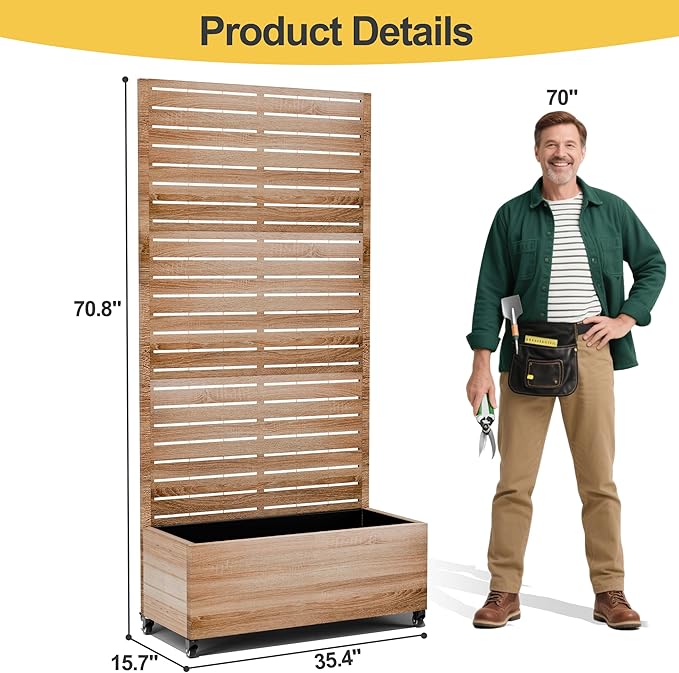 Raised Garden Bed with Trellis and Wheels73x47x16 Metal Raised Garden BedWood Finish Metal Planter with Climbing Trellis for Vines &amp Vegetables