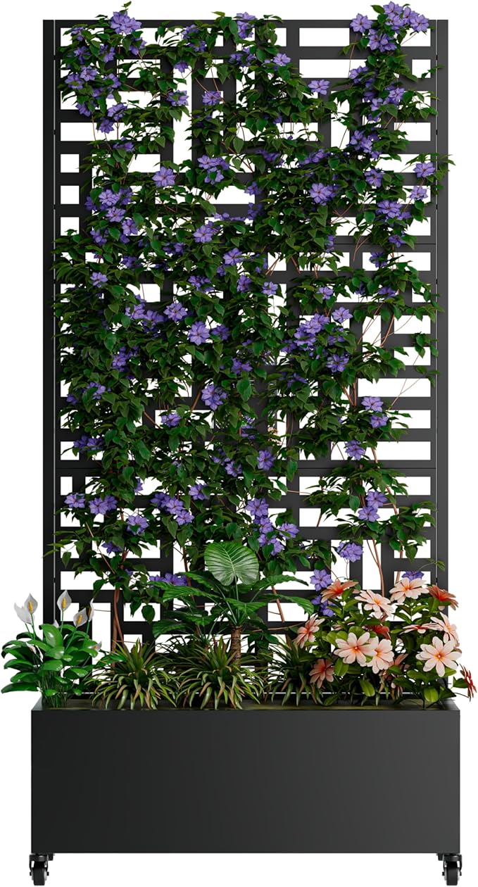 73 W x 35 D x 16 H Metal Raised Garden Bed with Trellis Black Planter Box w/Drainage Lockable Wheels &amp Privacy Screen