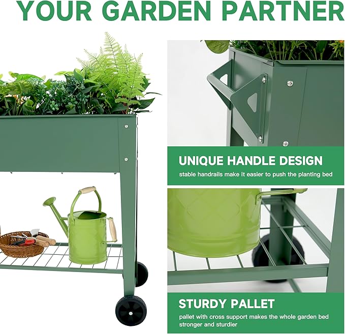Raised Garden Bed with Legs and Wheels Removable for Outdoor 31.6 * 14.6'' Metal Planter Raised Box for Growing Vegetables Herb Flower in Patio (Green)