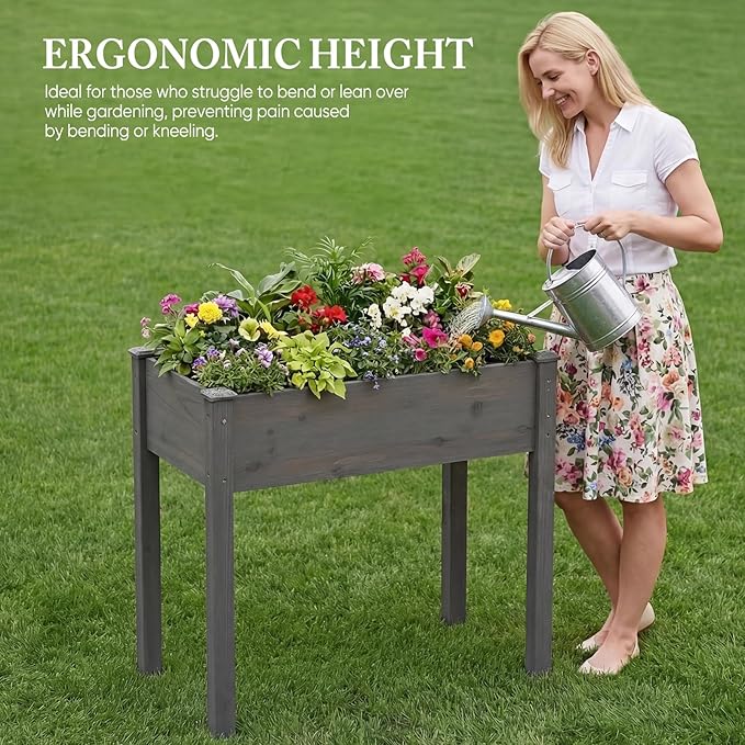 DUMOS Raised Garden Bed with Legs 34x18x30 Inch Planter Box Outdoor with Liner for Herbs Flowers Vegetables Elevated Wooden Garden Bed for Patio Balcony and Backyard Dark Grey