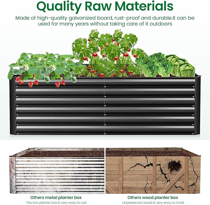 TEANDE 6x3x2FT Raised Garden Bed Kit Galvanized Planter Raised Garden Boxes Outdoor w/Anti Cutting Strip &amp A Pair of Gloves Deep Root Raised Planter for Vegetables Fruits Flowers and Herbs Bl