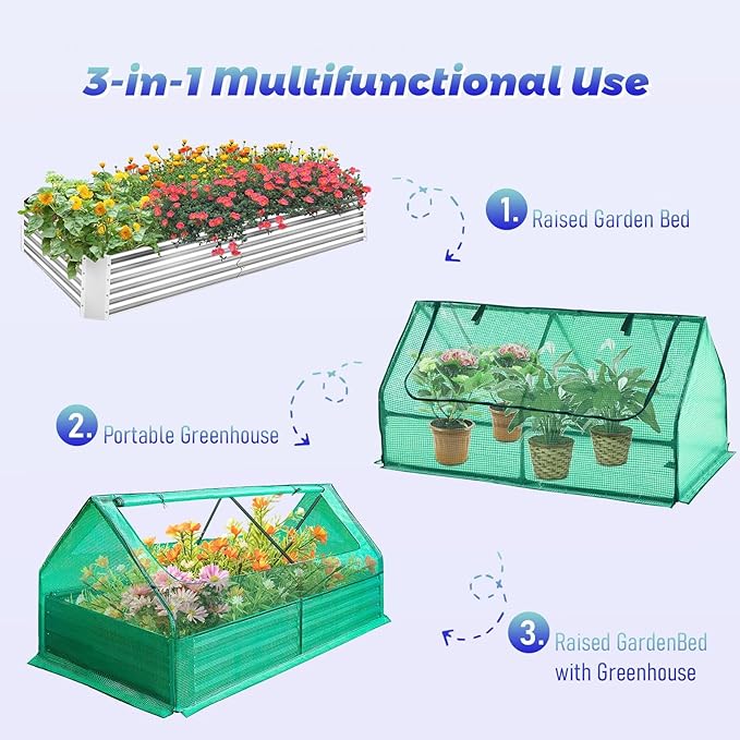Galvanized Steel Raised Garden Bed with Mini Greenhouse Outdoor Metal Planter Box Kit with Large Roll-up Cover 73x 38x 36 Planter Raised Bed for Flower Vegetable Fruit (Green)