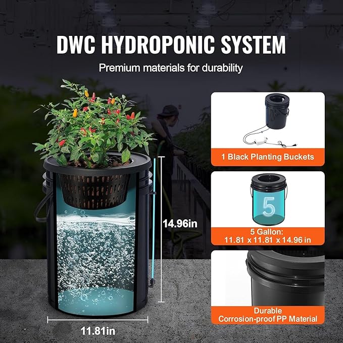 DWC Hydroponics Grow System Deep Water Culture with Top Drip 1 Bucket 5Gal