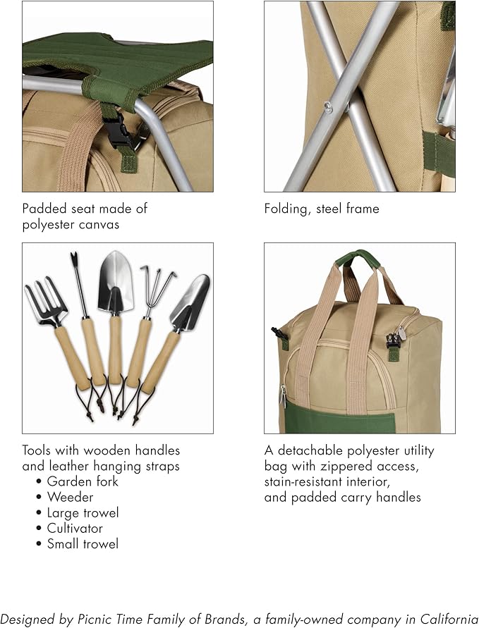 Picnic TIME Star Wars The Mandalorian Grogu Gardener Folding Seat with Tools 5 Piece Garden Tool Set with Folding Stool and Detachable Tote Organizer (Olive Green with Beige Accents)