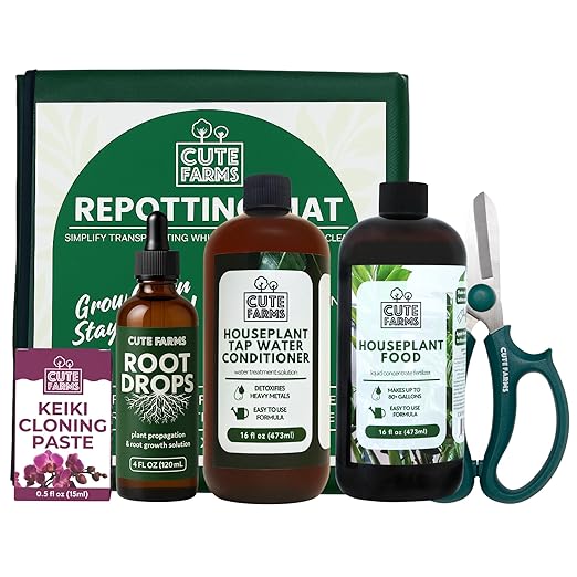 Cute Farms Indoor Grow &amp Care Plant Kit – Concentrated Plant Food Tap Water Conditioner Root Drops Keiki Paste Scissors &amp Repotting Mat | All-in-One Indoor Plant Care Set