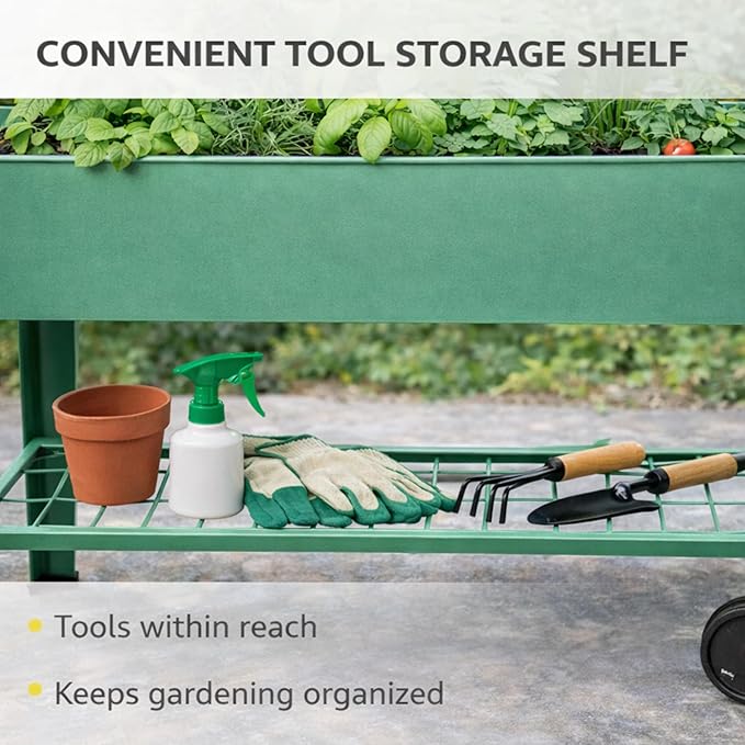 InSideOut Elevated 40 Raised Garden Bed Outdoor with Wheels &amp Shelf for Mobility Metal Planter Box for Vegetables/Herbs Patio-Balcony-Backyard (Sage Green)