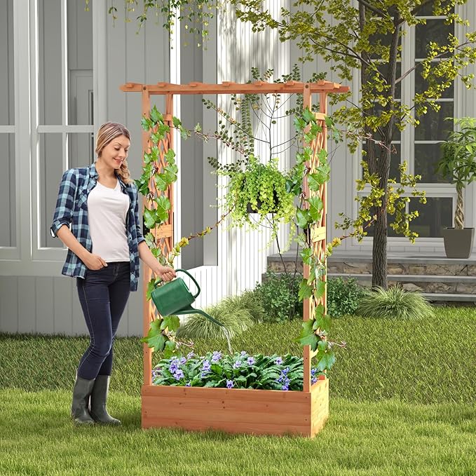 LDAILY Raised Garden Bed with Trellis Above Ground Garden Bed with Hanging Roof Side Trellis &amp 4 Drainage Holes Planter Box for Outdoor Climbing Plants Vines Flowers (1 43.5L x 17.5W x 72H