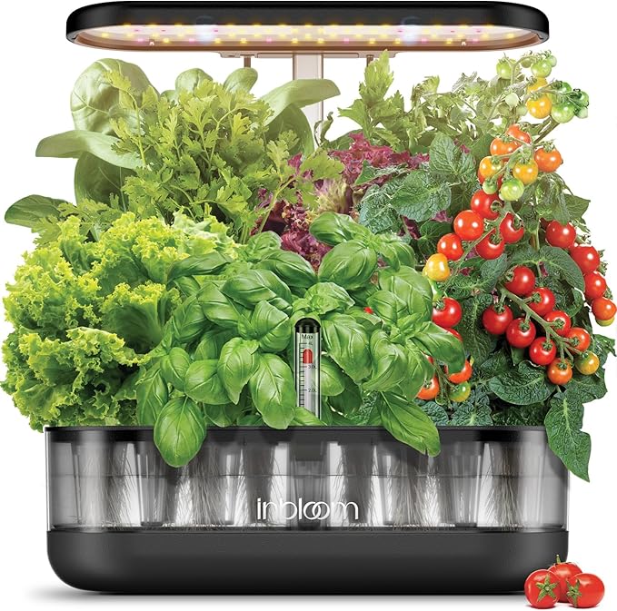 inbloom 12 Pods Hydroponics Growing System Kit Herb Garden Planter Indoor Kit Indoor Gardening Hydroponics Growing System with 4.2L Water Pump Height Adjustable Gifts for Woman Transparent Black
