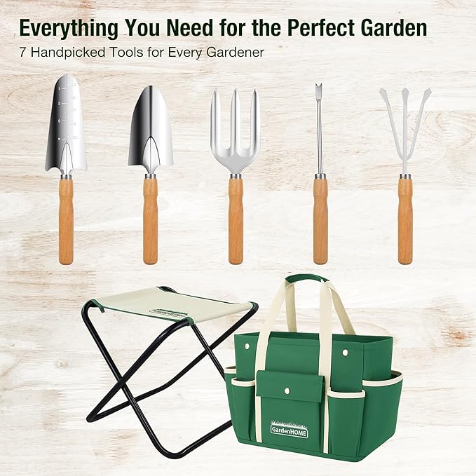 GardenHOME 7-Piece Green Gardening Tool Set – Stainless Steel Tools with Wooden Handles Folding Stool &amp Canvas Tote Durable Garden Kit for Every Gardener