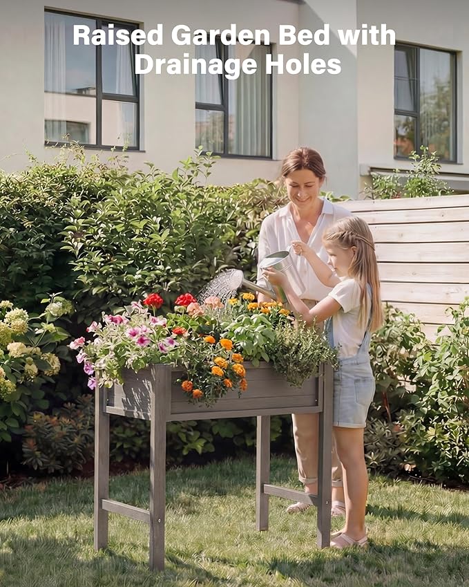 YEFU Raised Garden Bed with Legs: 34x18x30in Grey HIPS Elevated Outdoor Planter Box for Vegetables Herbs Flowers - Patio/Balcony/Backyard Gardening - Effortless Design for Easy Growing