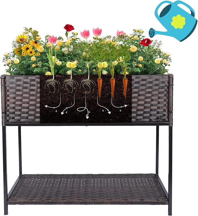 Raised Garden Bed - Rattan Raised Bed Wicker Elevated Raised Garden Bed with Underneath Tool Storage Rack Outdoor Raised Planter Box