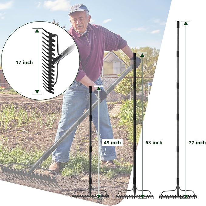 77'' Bow Rake 17 Tines Metal Head Rakes with Stainless Steel HandleHeavy Duty Garden Rake for Loosening Soil Gathering Leaf Leveling Lawn Farming Land Management Yarn Thatch Rake