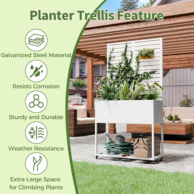 Metal Planter Box with Trellis67 H x35 W Raised Garden Beds with Privacy Screen for Climbing Plants Flower Elevated Standing Planter Garden Bed with Drainage Holes for Outdoor PatioWhite