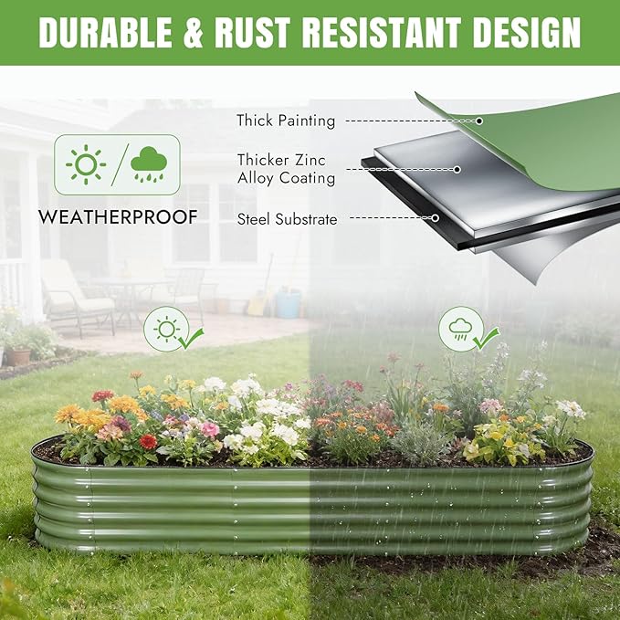 INNO STAGE Galvanized Raised Garden Bed Kits 8x2x1.4FT Metal Raised Garden Beds Outdoor 17'' Tall Large Steel Raised Planter Bed for Vegetables &amp Flowers Patio Ground Planter Box (Olive Green 2