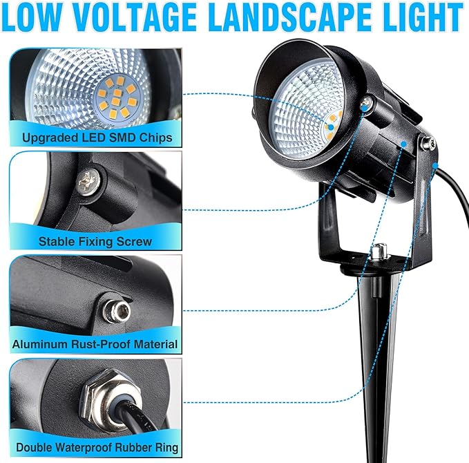 5W Low Voltage Landscape Lights with Connectors AC/DC 12V-24 Landscape Spotlights 3000K Warm White Waterproof Garden Yard Pathway Wall Tree Flag Landscaping Lights with Spike Stand (6 Pack)