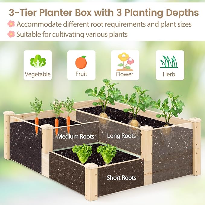 HAPPYGRILL 3-Tier Raised Garden Bed Wood Elevated Planter Box w/Open-Ended Base 3 Planting Depths&amp 2 Arrangement Options for Yard Lawn Outdoor Planter Raised Beds for Vegetables Herbs Fruits