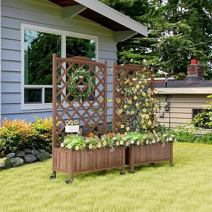 Upgraded 2-Pack 50 Tall Trellis Planter Box with Wheels 49.8H × 27.6W × 13.0D Solid Fir Wood Raised Garden Bed &amp Lattice Privacy Screen Rolling Planter with Drainage for Patio/Garden