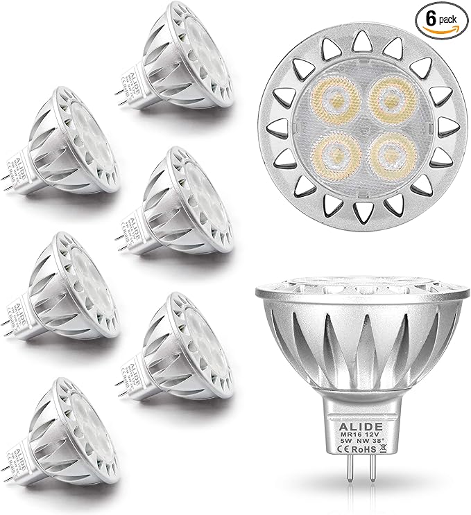 ALIDE MR16 GU5.3 Led Bulbs 5W 4000K Neutral/Natural White20W-35W Halogen Equivalent12V MR16 Low Voltage Bulbs for Outdoor Landscape Flood Ceil Track LightingNot Dimmable450lm38 Deg6 Pack