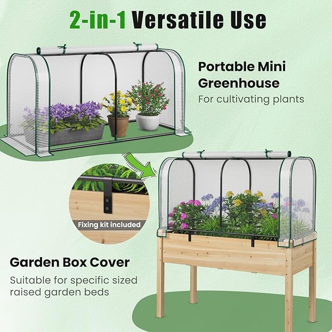 Giantex Raised Garden Bed with Cover Wood Elevated Planter Box with Legs &amp Mini Greenhouse Waterproof Sun-Protective PE Green House Cover Outdoor Use for Fruit Vegetable Flower Herb (White+Natu