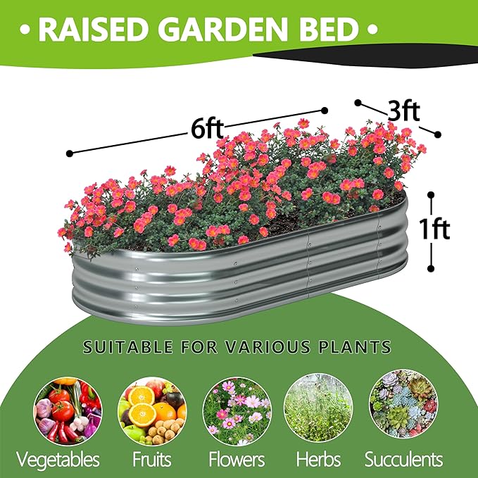 6x3x1ft(2 Pack) Galvanized Oval Raised Garden BedOutdoor Planter Box Metal Patio Kit Planting Bed for Vegetables Flowers HerbSilver