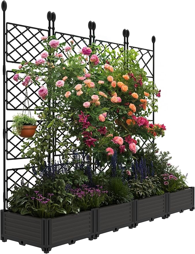 4 PCS Raised Garden Bed with Trellis &amp Privacy Screen 66 Wide x 63 Tall Vertical Garden Planter Box for Climbing Plants Large Outdoor Privacy Screen for Patio Balcony Yard Garden Black