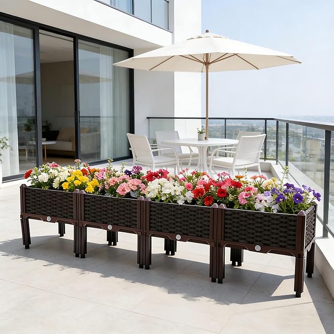 Raised Garden Bed with Drainage Elevated Planter Box Plastic Raised Beds for Gardening Vegetables Herb Flowers Perfect for Vegetables Flowers Fruits 4 Boxes Brown