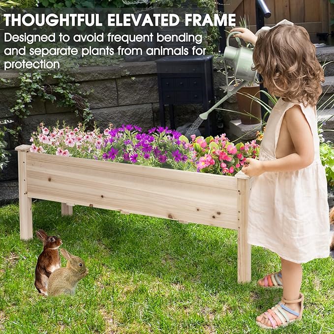 COSTWAY Raised Garden Bed Elevated Fir Wood Planter Box for Vegetables Herbs &amp Flowers – 47.5” x 17” x 20” for Backyard Patio &amp Balcony