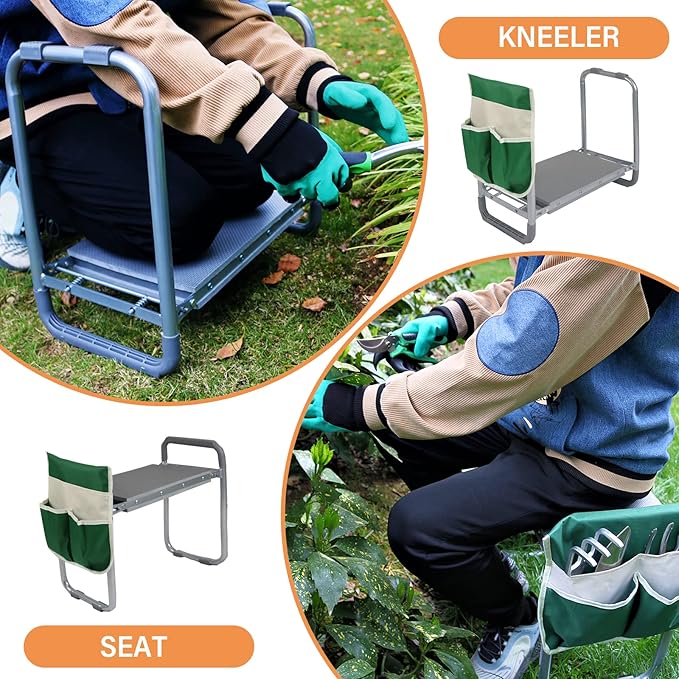 BDL Garden Kneeler Seat Foldable Durable Garden Stool with Tool Bag Pouch and Garden Gloves 330lb Capacity-Protects Your Knees Clothes from Dirt &amp Grass Stains