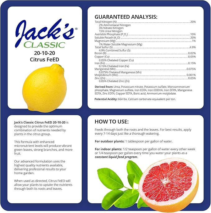Jack's Classic 20-10-20 Citrus Feed Water-Soluble Fertilizer with Micronutrients to Provide Better Growth and Fruiting in Tropical Fruiting Plants 1.5lbs