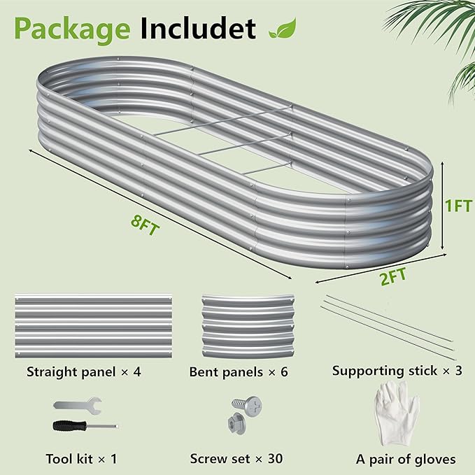 2PCS 8x2x1ft Galvanized Metal Raised Garden Bed KitOutdoor Planter Box VegetablesFlowersHerbs Durable Rust-Resistant Patio Gardening Beds