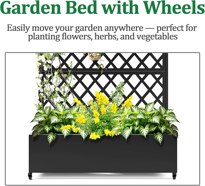 Metal Raised Garden Bed with Trellis and Wheels 2 in 1 Trellis with Planter Box &amp Privacy Screen for Climbing Plants Outdoor Standing Flower Beds with Drainage Holes 35.4L x 15.7W x 70.9H B