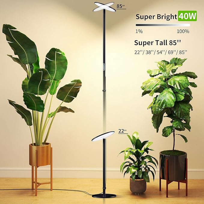 chiphy Grow Lights 85 Full Spectrum Plant Light for Indoor Plants 4/8/12H Timer 40W Grow Lamp 10 Dimmable Brightness Height Adjustable Ideal for Large Tall Plants