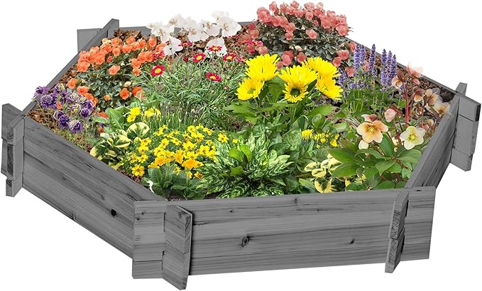 Outsunny Wooden Raised Garden Bed Hexagon Screwless Outdoor Planter Box Plants Vegetables Flowers Herbs 39 x 36 x 6 Gray