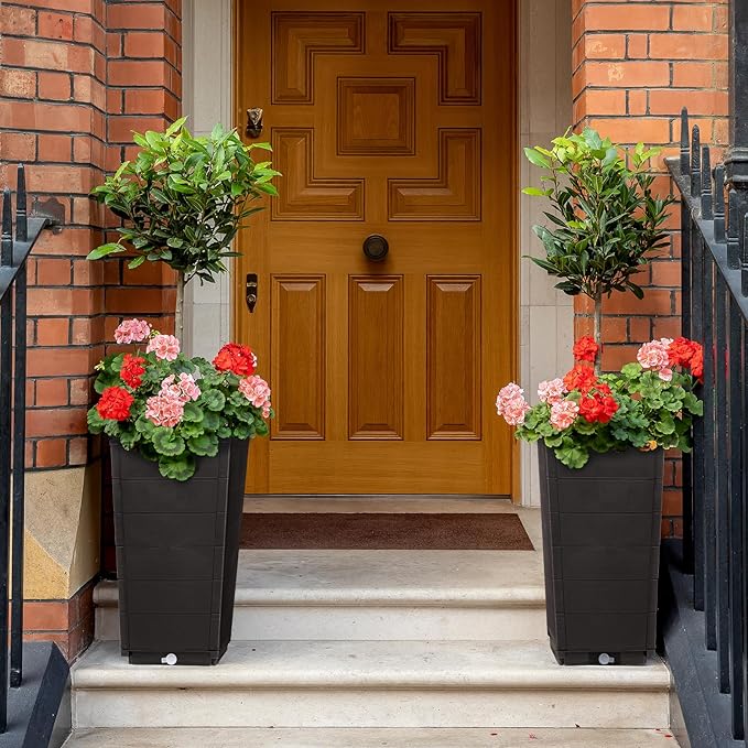 2 Pack Outdoor Garden Flower Standing Planter BoxOutdoor Tall Plastic Planter SetIndoor Outdoor Flower BedVertical Flower Pot Standwith Drainage Holesfor Patio Porch Yard Balcony (Dark Brown)