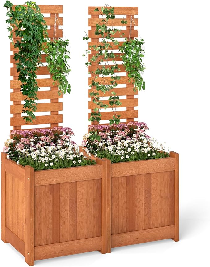 HAPPYGRILL Raised Garden Bed with Trellis Outdoor Elevated Planter Box w/Trellis Open-Ended for Climbing Plant Vine Flower Vegetable Freestanding Privacy Planters for Patio Yard 16x16x48 (2)
