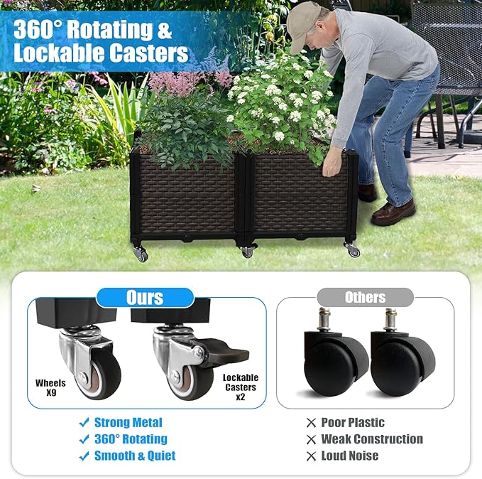 Raised Plant Box with Wheels 31.5x15.7x16.1 Raised Beds for Gardening Self Watering Durable Metal Lockable Casters Rectangular Garden Planter Perfect for Garden Patio Balcony Deck