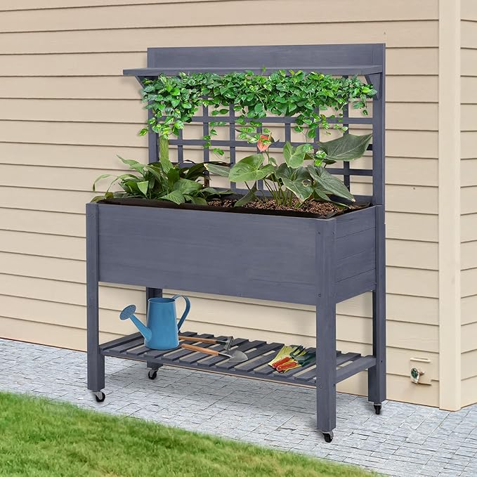 41 Raised Garden Bed with Tron Wheels Wooden Elevated Planter Box with Legs and Bed Liner for Flowers Herbs Vegetables Gray