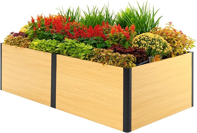 Vego garden Woodgrain Series Raised Garden Bed 26'' Tall 4' x 8' Wooden-Look Metal Planter Box Outdoor for Gardening Vegetables Flowers Herbs