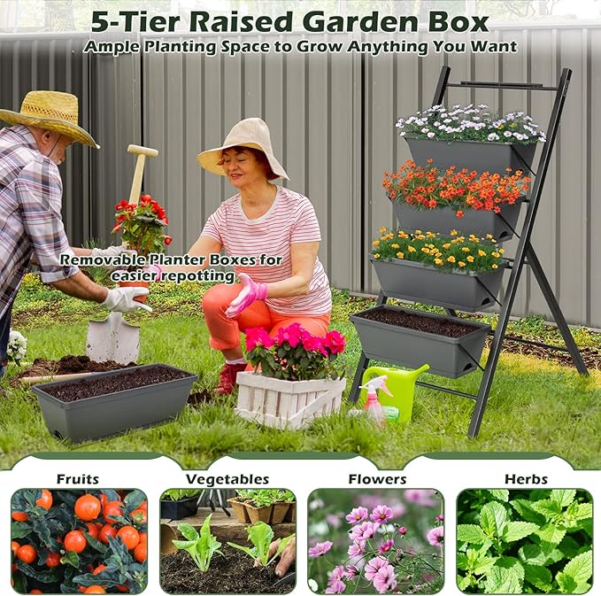 5-Tier Vertical Raised Garden Bed 22.5 x 27 x 45 inch Food Safe Garden Planter with Independent Drainage System Horticulture Planter Box for Patio Balcony Greenhouse Garden