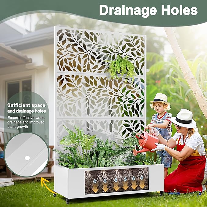 Metal Raised Garden Bed with Trellis Privacy Screen Large Planters Box with Wheels &amp Drainage Holes for Climbing Plants (47 L×16 W×71 H White Leaf)